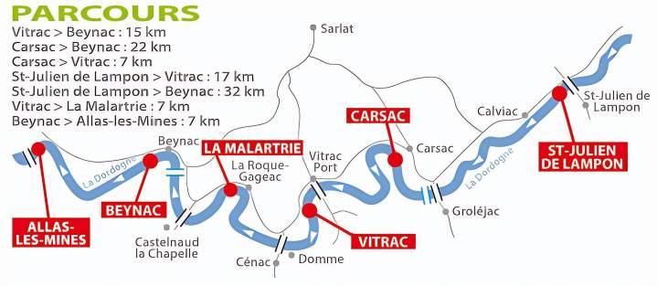 Carte randonnée en canoë kayak Dordogne